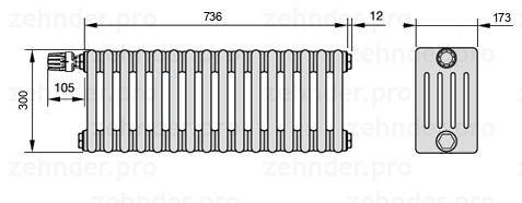 Схема (чертеж) Радиатор Zehnder Charleston 5030/16 №V012 Белый глянцевый RAL 9016